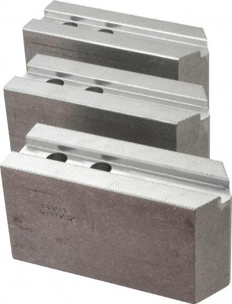 Abbott Workholding Products - 10" & Up Chuck Capacity, 1.5mm x 60° Serrated Attachment, Square Soft Lathe Chuck Jaw - 3 Jaws, Aluminum, 1.1811" Btw Mount Hole Ctrs, 5-1/2" Long x 2" Wide x 3" High, 0.6299" Groove, 0.4724" & 12mm Fastener - Exact Tool & Supply