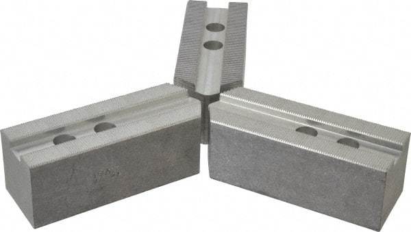 Abbott Workholding Products - 12" & Up Chuck Capacity, 1.5mm x 60° Serrated Attachment, Square Soft Lathe Chuck Jaw - 3 Jaws, Aluminum, 1.1811" Btw Mount Hole Ctrs, 5-1/2" Long x 2" Wide x 2" High, 0.7087" Groove, 0.5512" & 14mm Fastener - Exact Tool & Supply