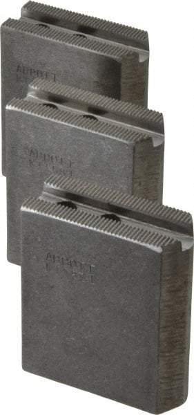 Abbott Workholding Products - 5" & Up Chuck Capacity, 1.5mm x 60° Serrated Attachment, Square Soft Lathe Chuck Jaw - 3 Jaws, Steel, 0.7087" Btw Mount Hole Ctrs, 2-1/2" Long x 1" Wide x 3" High, 0.3937" Groove, 0.315" & 8mm Fastener - Exact Tool & Supply