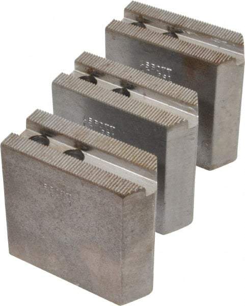 Abbott Workholding Products - 6" & Up Chuck Capacity, 1.5mm x 60° Serrated Attachment, Square Soft Lathe Chuck Jaw - 3 Jaws, Steel, 0.7874" Btw Mount Hole Ctrs, 3" Long x 1-1/4" Wide x 3" High, 0.4331" Groove, 0.3937" & 10mm Fastener - Exact Tool & Supply