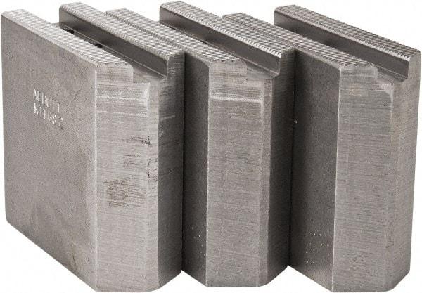 Abbott Workholding Products - 6" & Up Chuck Capacity, 1.5mm x 60° Serrated Attachment, Square Soft Lathe Chuck Jaw - 3 Jaws, Steel, 0.7874" Btw Mount Hole Ctrs, 3" Long x 1-1/4" Wide x 3" High, 0.4724" Groove, 0.3937" & 10mm Fastener - Exact Tool & Supply