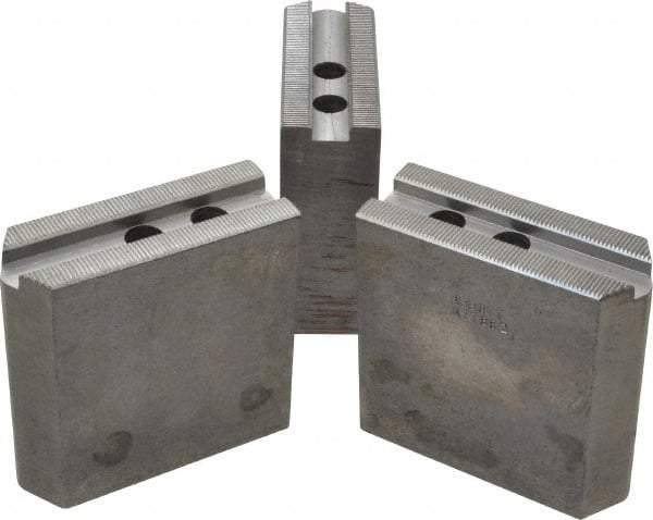 Abbott Workholding Products - 8" & Up Chuck Capacity, 1.5mm x 60° Serrated Attachment, Square Soft Lathe Chuck Jaw - 3 Jaws, Steel, 63/64" Btw Mount Hole Ctrs, 4" Long x 1-1/2" Wide x 4" High, 0.5512" Groove, 0.4724" & 12mm Fastener - Exact Tool & Supply