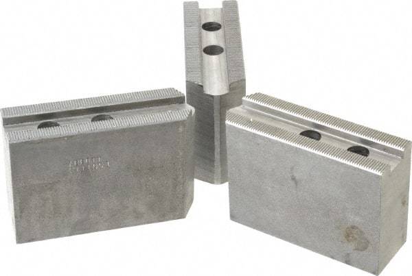 Abbott Workholding Products - 10" & Up Chuck Capacity, 1.5mm x 60° Serrated Attachment, Square Soft Lathe Chuck Jaw - 3 Jaws, Steel, 1.2598" Btw Mount Hole Ctrs, 4-1/2" Long x 1-1/2" Wide x 3" High, 0.6299" Groove, 0.4724" & 12mm Fastener - Exact Tool & Supply