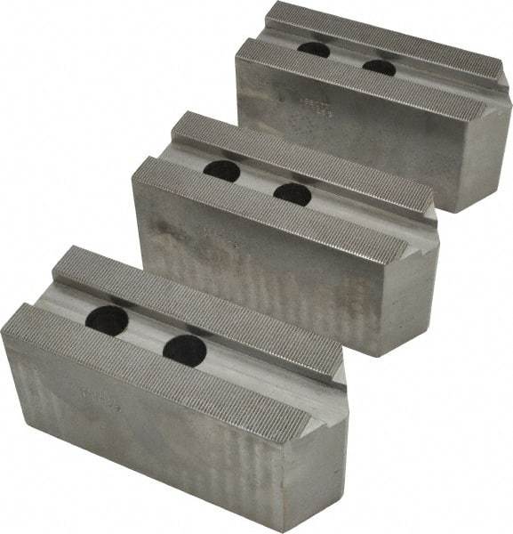 Abbott Workholding Products - 15 to 18" Chuck Capacity, 1.5mm x 60° Serrated Attachment, Square Soft Lathe Chuck Jaw - 3 Jaws, Steel, 1.6929" Btw Mount Hole Ctrs, 6-1/2" Long x 2-1/2" Wide x 3" High, 0.8661" Groove, 0.7874" & 20mm Fastener - Exact Tool & Supply
