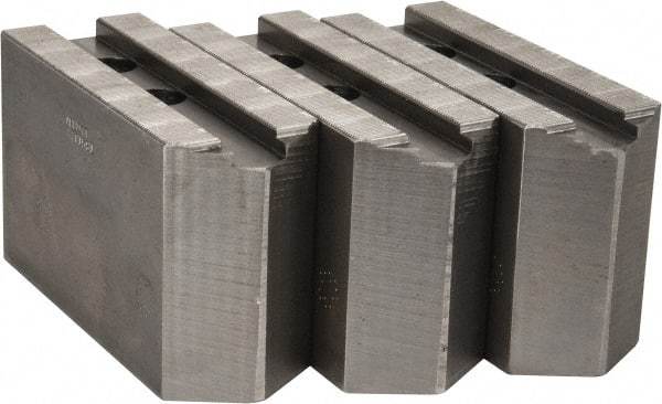 Abbott Workholding Products - 15 to 18" Chuck Capacity, 1.5mm x 60° Serrated Attachment, Square Soft Lathe Chuck Jaw - 3 Jaws, Steel, 1.6929" Btw Mount Hole Ctrs, 6-1/2" Long x 2-1/2" Wide x 4" High, 0.8661" Groove, 0.7874" & 20mm Fastener - Exact Tool & Supply