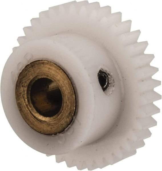 Made in USA - 48 Pitch, 0.792" Pitch Diam, 0.833" OD, 38 Tooth Spur Gear - 1/8" Face Width, 3/16" Bore Diam, 35/64" Hub Diam, 20° Pressure Angle, Acetal - Exact Tool & Supply
