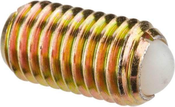 Vlier - M12x1.75, 8mm Ball Diam, 22mm Body Length, 2.5mm Max Ball Reach, Threaded Ball Plunger - Steel Body, Nylon Ball, 16.86 Lb Initial End Force, 25.85 Lb Final End Force - Exact Tool & Supply