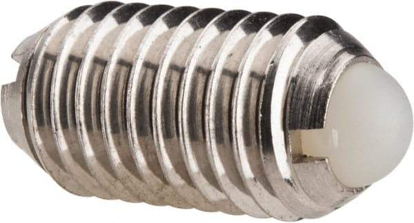 Vlier - M10x1.5, 6mm Ball Diam, 19mm Body Length, 2.01mm Max Ball Reach, Threaded Ball Plunger - Stainless Steel Body, Nylon Ball, 13.49 Lb Initial End Force, 20.23 Lb Final End Force, Locking Element - Exact Tool & Supply