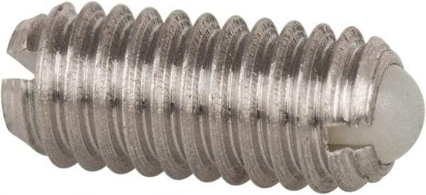 Vlier - M4x0.7, 2.5mm Ball Diam, 9mm Body Length, 0.81mm Max Ball Reach, Threaded Ball Plunger - Stainless Steel Body, Nylon Ball, 0.9 Lb Initial End Force, 2.25 Lb Final End Force - Exact Tool & Supply