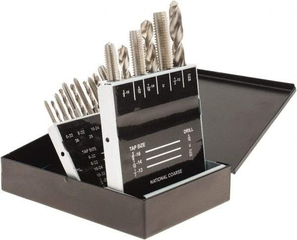Interstate - #36, #29, #25, #21, #7 Drill, F to U Drill, #6-32 to 1/2-13 Tap, Hand Tap and Drill Set - Bright Finish HSS Drills, Bright Finish High Speed Steel Taps, Plug Chamfer, 18 Piece Set - Exact Tool & Supply