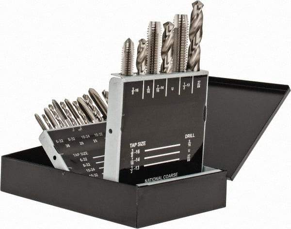 Interstate - #36, #29, #25, #21, #7 Drill, F to U Drill, #6-32 to 1/2-13 Tap, Spiral Point Tap and Drill Set - Bright Finish High Speed Steel Drills, Bright Finish High Speed Steel Taps, Plug Chamfer, 18 Piece Set - Exact Tool & Supply