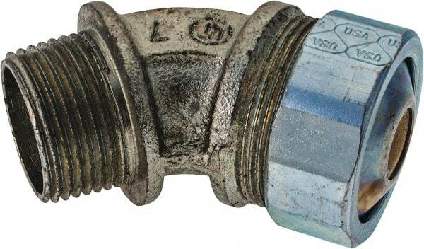Cooper Crouse-Hinds - 1/4 to 0.35" Cable Capacity, Liquidtight, Elbow Strain Relief Cord Grip - 3/4 NPT Thread, 2-17/32" Long, Malleable Iron - Exact Tool & Supply