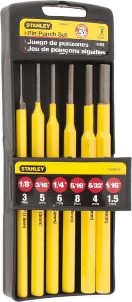 Stanley - 6 Piece, 1/16 to 5/16", Pin Punch Set - Hex Shank, Comes in Plastic Case - Exact Tool & Supply