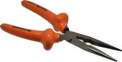 Facom - 8-9/32" OAL, 2-23/32" Jaw Length x 1-3/8" Jaw Width, Long Nose Side Cutting Burnished Insulated Pliers - Serrated Jaw, Half Round Nose Head, Plastic Coated Handles - Exact Tool & Supply