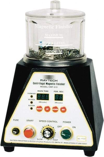 Raytech - 1/12 hp, 150 Grams Pin Capacity, Centrifugal Magnetic Finisher - 6" Bowl Diam, 115 Volts, with Variable Speed, Forward-Reverse Function & Programmable Timer - Exact Tool & Supply