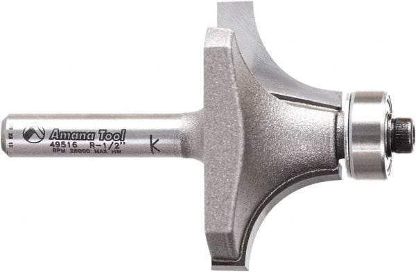 Amana Tool - 1-1/2" Cut Diam, 3/4" Length of Cut, 2 Flute Round-Over Edge Profile Router Bit - Carbide-Tipped, 1/4" Shank Diam, 2-1/4" OAL, Uncoated - Exact Tool & Supply