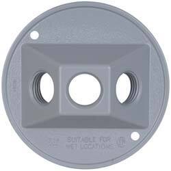 Cooper Crouse-Hinds - 3 Outlet, 1/2" Hole Diam, Powder Coat Finish, Round Noncorrosive Weatherproof Box Cover - 4-1/2" Wide x 9/16" High, Wet Locations, Aluminum, UL Listed - Exact Tool & Supply