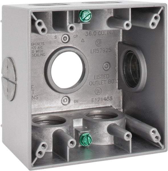 Cooper Crouse-Hinds - 2 Gang, (7) 1" Knockouts, Aluminum Square Outlet Box - 4-1/2" Overall Height x 4-1/2" Overall Width x 2-21/32" Overall Depth, Weather Resistant - Exact Tool & Supply