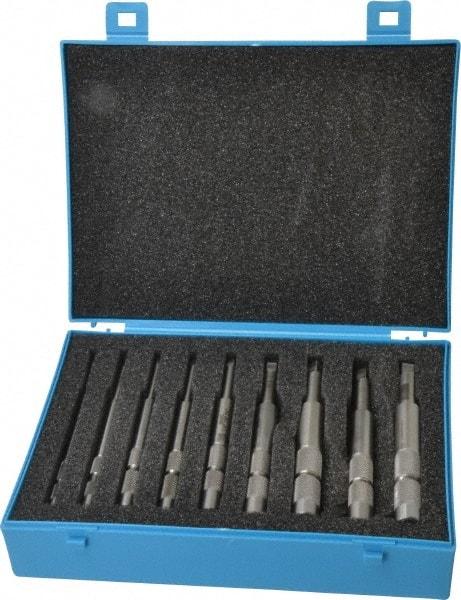 Made in USA - #0 to 1/2" Tap Extension Set - Tool Steel, 5" Overall Length, 9/16" Max Outside Diam, 0.255, 0.318, 0.323, 0.367, 0.381, (4) 0.194" Extension Shank Diam, 9 Piece Set - Exact Tool & Supply