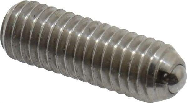 Vlier - 10-32, 0.094" Ball Diam, 0.57" Body Length, 0.025" Max Ball Reach, Threaded Ball Plunger - Stainless Steel Body, Stainless Steel Ball, 1.5 Lb Initial End Force, 3 Lb Final End Force - Exact Tool & Supply