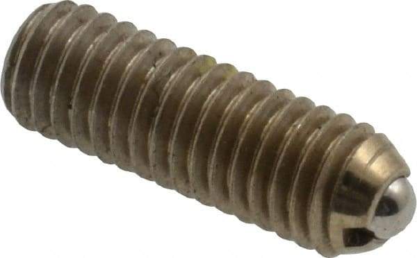 Vlier - 10-32, 0.094" Ball Diam, 0.57" Body Length, 0.025" Max Ball Reach, Threaded Ball Plunger - Stainless Steel Body, Stainless Steel Ball, 1.5 Lb Initial End Force, 3 Lb Final End Force, Locking Element - Exact Tool & Supply