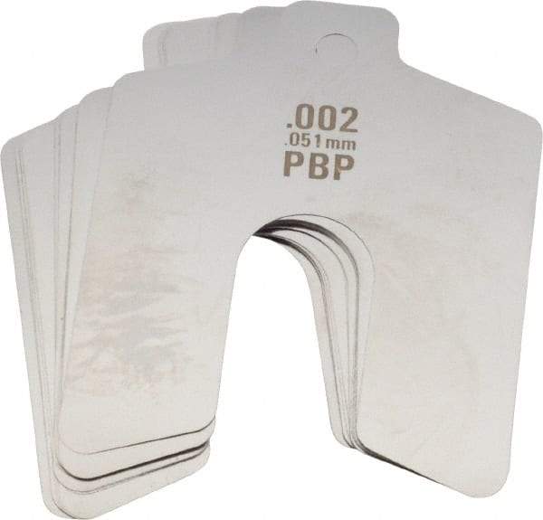 Made in USA - 20 Piece, 2 Inch Long x 2 Inch Wide x 0.002 Inch Thick, Slotted Shim Stock - Stainless Steel, 5/8 Inch Wide Slot - Exact Tool & Supply