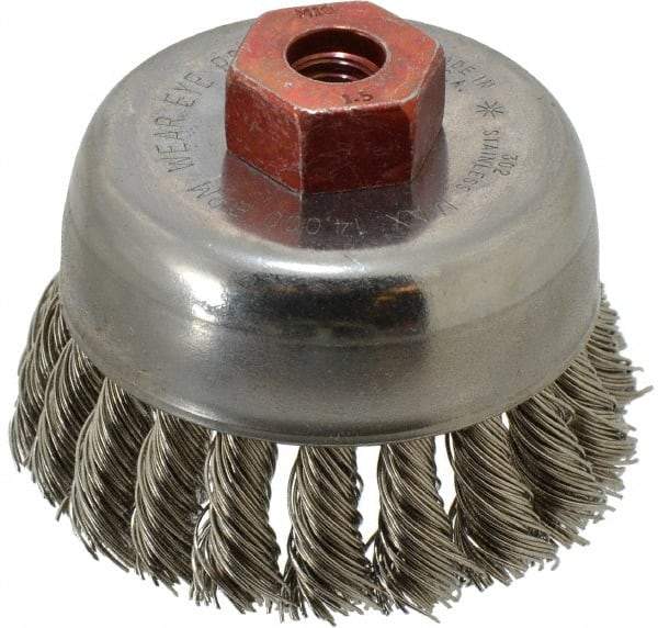 Anderson - 2-3/4" Diam, M10x1.50 Threaded Arbor, Stainless Steel Fill Cup Brush - 0.02 Wire Diam, 3/4" Trim Length, 14,000 Max RPM - Exact Tool & Supply