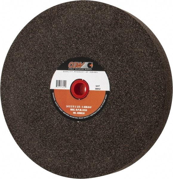 Camel Grinding Wheels - 36 Grit Aluminum Oxide Bench & Pedestal Grinding Wheel - 14" Diam x 1-1/2" Hole x 2" Thick, 1773 Max RPM, O Hardness, Very Coarse Grade , Vitrified Bond - Exact Tool & Supply