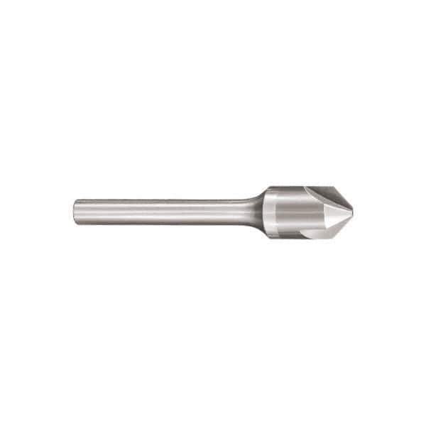 SGS - 3/8" Head Diam, 1/4" Shank Diam, 3 Flute 82° Solid Carbide Countersink - Bright Finish, 2-13/16" OAL, Single End, Straight Shank, Right Hand Cut - Exact Tool & Supply
