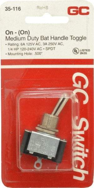 GC/Waldom - SPDT Medium Duty On-On Toggle Switch - Solder Lug Terminal, Bat Handle Actuator, 1/4 hp at 125/250 VAC hp, 125 VAC at 6 A & 250 VAC at 3 A - Exact Tool & Supply