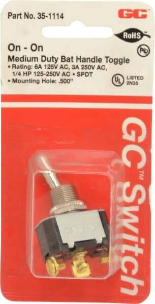 GC/Waldom - SPDT Medium Duty On-On Toggle Switch - Screw Terminal, Bat Handle Actuator, 1/4 hp at 125/250 VAC hp, 125 VAC at 6 A & 250 VAC at 3 A - Exact Tool & Supply