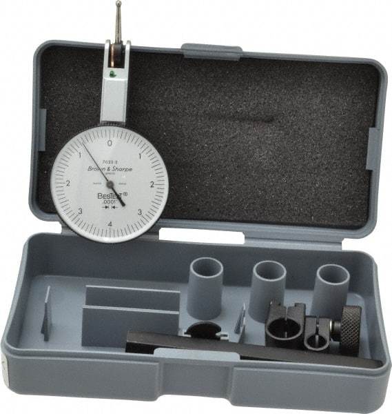 TESA Brown & Sharpe - 0.008 Inch Range, 0.0001 Inch Dial Graduation, Horizontal Dial Test Indicator - 1-1/2 Inch White Dial, 0-4-0 Dial Reading, Accurate to 0.0001 Inch - Exact Tool & Supply