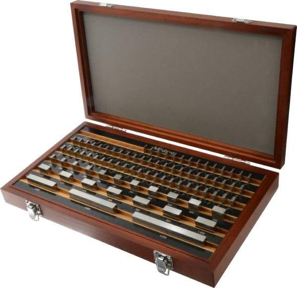 Mitutoyo - 81 Piece, 0.05 to 4", Grade 00, Steel Gage Block Set - Rectangular, 3µ (0.05-1"), 4µ (2"), 6µ (4") Tolerance - Exact Tool & Supply