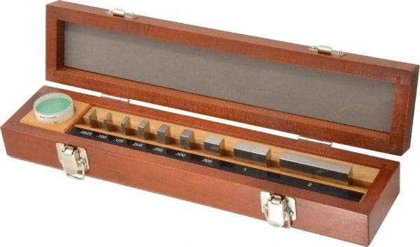 Mitutoyo - 9 Piece, 1/16 to 2", Grade AS-1, Steel Gage Block Set - Rectangular, 12µ (0.5-1"), 16µ (2"), 8µ (0.0625-0.4") Tolerance - Exact Tool & Supply