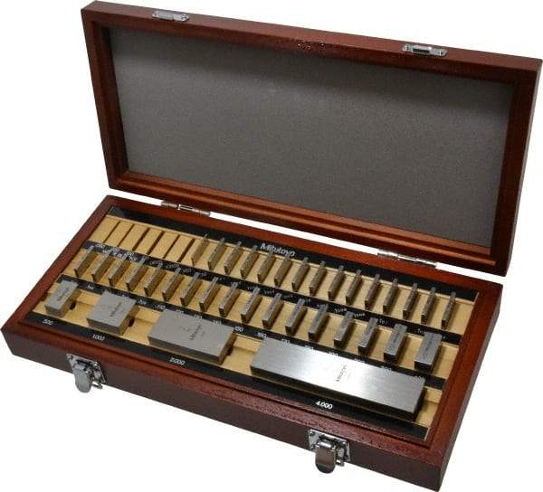 Mitutoyo - 36 Piece, 0.05 to 4", Grade 0, Steel Gage Block Set - Square, 12µ (4"), 5µ (0.05-0.4"), 6µ (0.45-1"), 8µ (2") Tolerance - Exact Tool & Supply