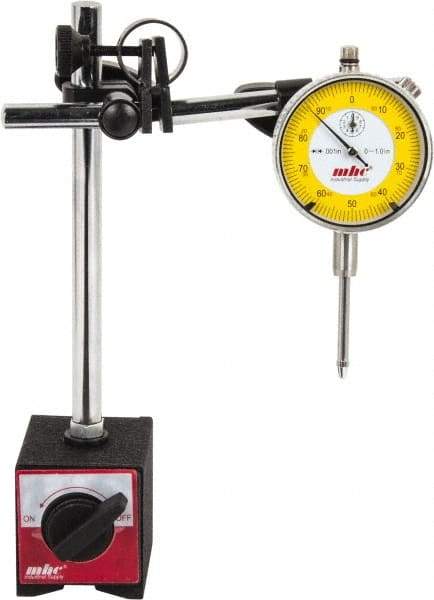 Value Collection - 0.001" Graduation, 0-100 Dial Reading, Indicator & Base Kit - 63mm Base Length x 50mm Base Width x 55mm Base Height, 2-9/32" Dial Diam - Exact Tool & Supply