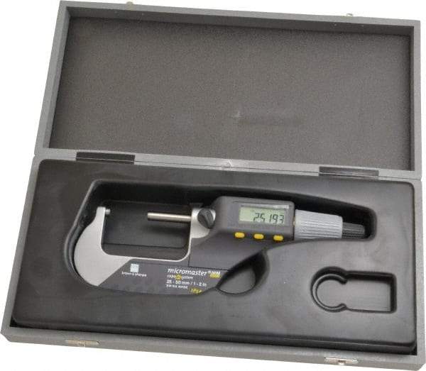 TESA Brown & Sharpe - 1 to 2 Inch Range, 0.0001 Inch Resolution, Standard Throat, IP54 Electronic Outside Micrometer - 0.0002 Inch Accuracy, Carbide Face, Includes Plastic Case - Exact Tool & Supply