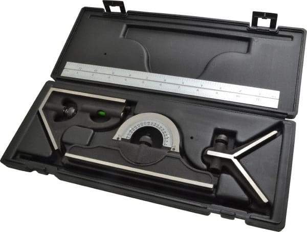 TESA Brown & Sharpe - 4 Piece, 12" Combination Square Set - 1/16, 1/32, 1/64 & 1/8" (4R) Graduation, Hardened Steel Blade, Hardened Steel Center, Protractor & Square Head - Exact Tool & Supply