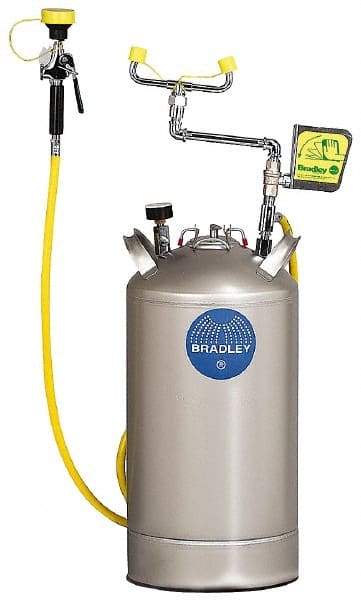 Bradley - 10 Gallon, 0.4 GPM Flow Rate at 30 PSI, Pressurized with Drench Hose Stainless Steel, Portable Eye Wash Station - 15 Min Duration, 25-1/4 Inch High - Exact Tool & Supply