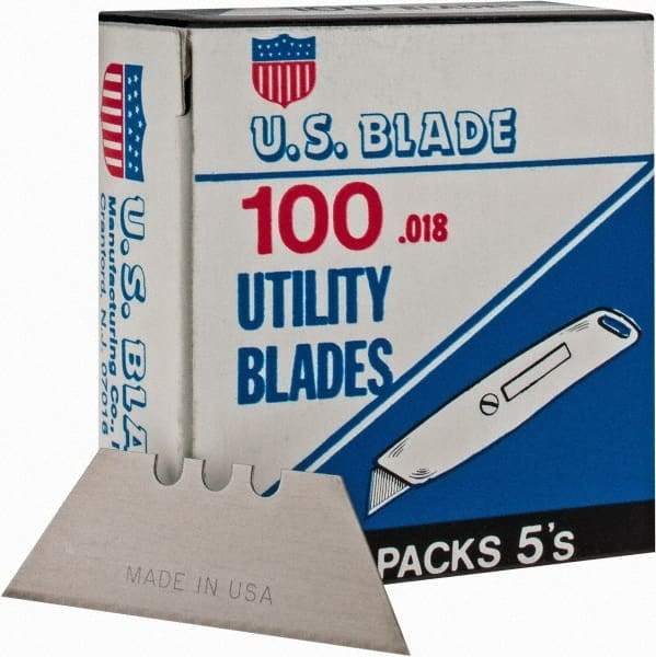 U.S. Blade - 100 Piece Steel Utility Knife Blade - 2" OAL, 0.017" Blade Thickness - Exact Tool & Supply