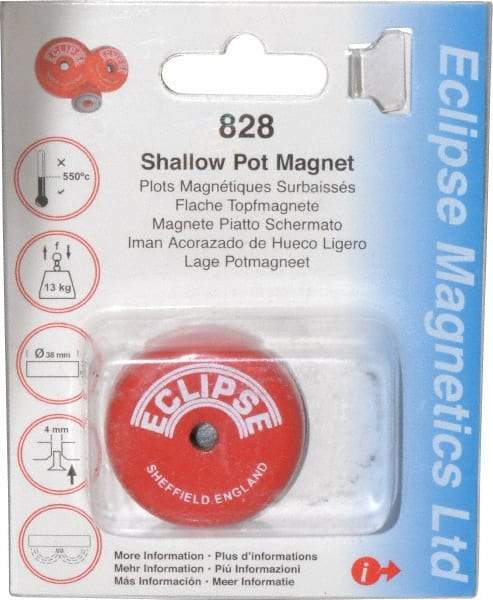 Eclipse - 1-1/2" Diam, 28.5 Lb Average Pull Force, Mild Steel, Alnico Pot Magnets - 0.339" Countersunk Hole, 220°C Max Operating Temp, 0.407" High, Grade 5 Alnico - Exact Tool & Supply