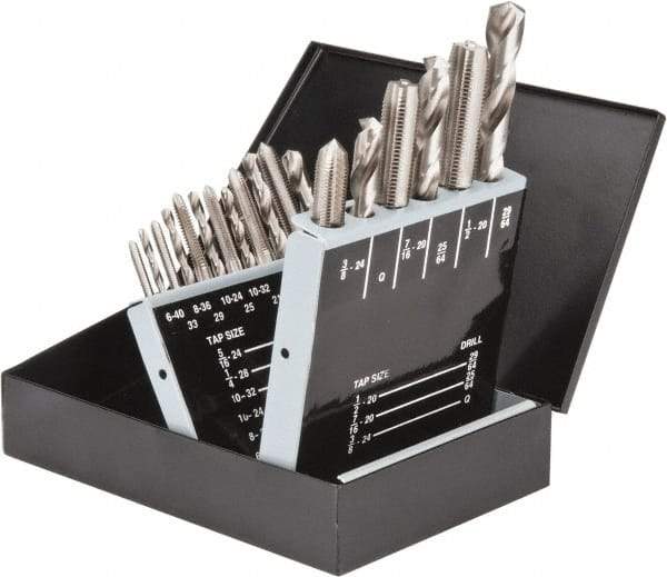 Interstate - #33, #29, #25, #21, #3 Drill, I to Q Drill, #6-40 to 1/2-20 Tap, Hand Tap and Drill Set - Bright Finish High Speed Steel Drills, Bright Finish High Speed Steel Taps, Plug Chamfer, 18 Piece Set - Exact Tool & Supply