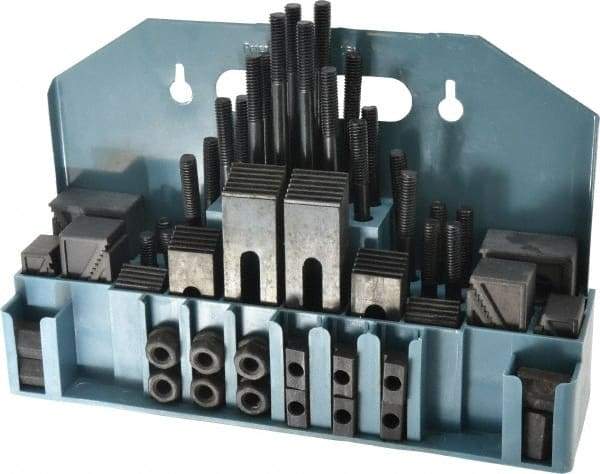 Value Collection - 52 Piece Fixturing Step Block & Clamp Set with 1" Step Block, 7/16" T-Slot, 3/8-16 Stud Thread - 11/16" Nut Width, 3, 4, 5, 6, 7 & 8" Stud Lengths - Exact Tool & Supply