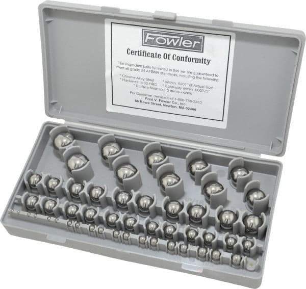 Fowler - 1/8 to 1 Inch Diameter, Chrome Steel, Gage Ball Set - 0.0001 Inch Tolerance, Grade 24 Accuracy, 63 RC Hardness, 26 Pairs - Exact Tool & Supply