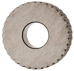 Made in USA - 1/2" Diam, 90° Tooth Angle, 25 TPI, Standard (Shape), Form Type High Speed Steel Female Diamond Knurl Wheel - 3/16" Face Width, 3/16" Hole, Circular Pitch, 30° Helix, Bright Finish, Series EP - Exact Tool & Supply