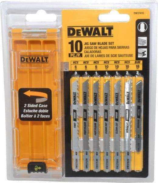 DeWALT - 10 Piece, 3" to 4" Long, 6 to 18 Teeth per Inch, Bi-Metal and High Carbon Steel Jig Saw Blade Set - T-Shank - Exact Tool & Supply