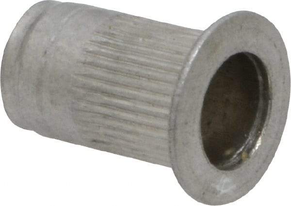 Made in USA - #10-32, 0.296 Insert Diam, 0.475" OAL, Knurled Body Open End Threaded Insert - 0.2969" Hole Diam, 0.415" Head Diam, 5056 Aluminum, Clear Protective Coating - Exact Tool & Supply