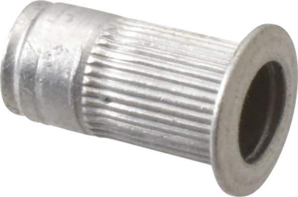 Made in USA - #10-32, 0.296 Insert Diam, 0.585" OAL, Knurled Body Open End Threaded Insert - 0.2969" Hole Diam, 0.415" Head Diam, 5056 Aluminum, Clear Protective Coating - Exact Tool & Supply