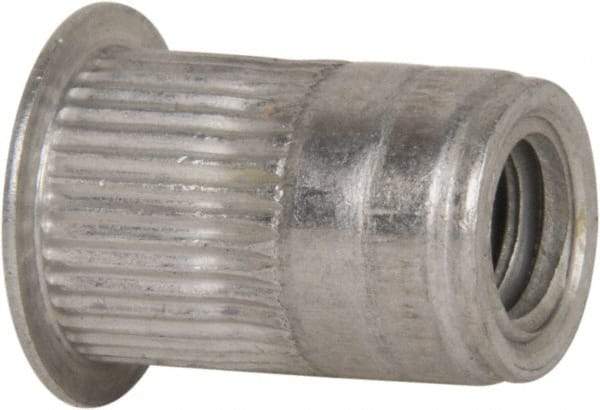 Made in USA - 1/4-20, 0.39 Insert Diam, 0.58" OAL, Knurled Body Open End Threaded Insert - 0.3906" Hole Diam, 1/2" Head Diam, 5056 Aluminum, Clear Protective Coating - Exact Tool & Supply