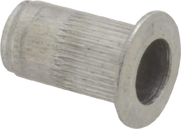 Made in USA - #8-32, 0.265 Insert Diam, 0.47" OAL, Knurled Body Open End Threaded Insert - 0.2656" Hole Diam, 0.39" Head Diam, 5056 Aluminum, Clear Protective Coating - Exact Tool & Supply